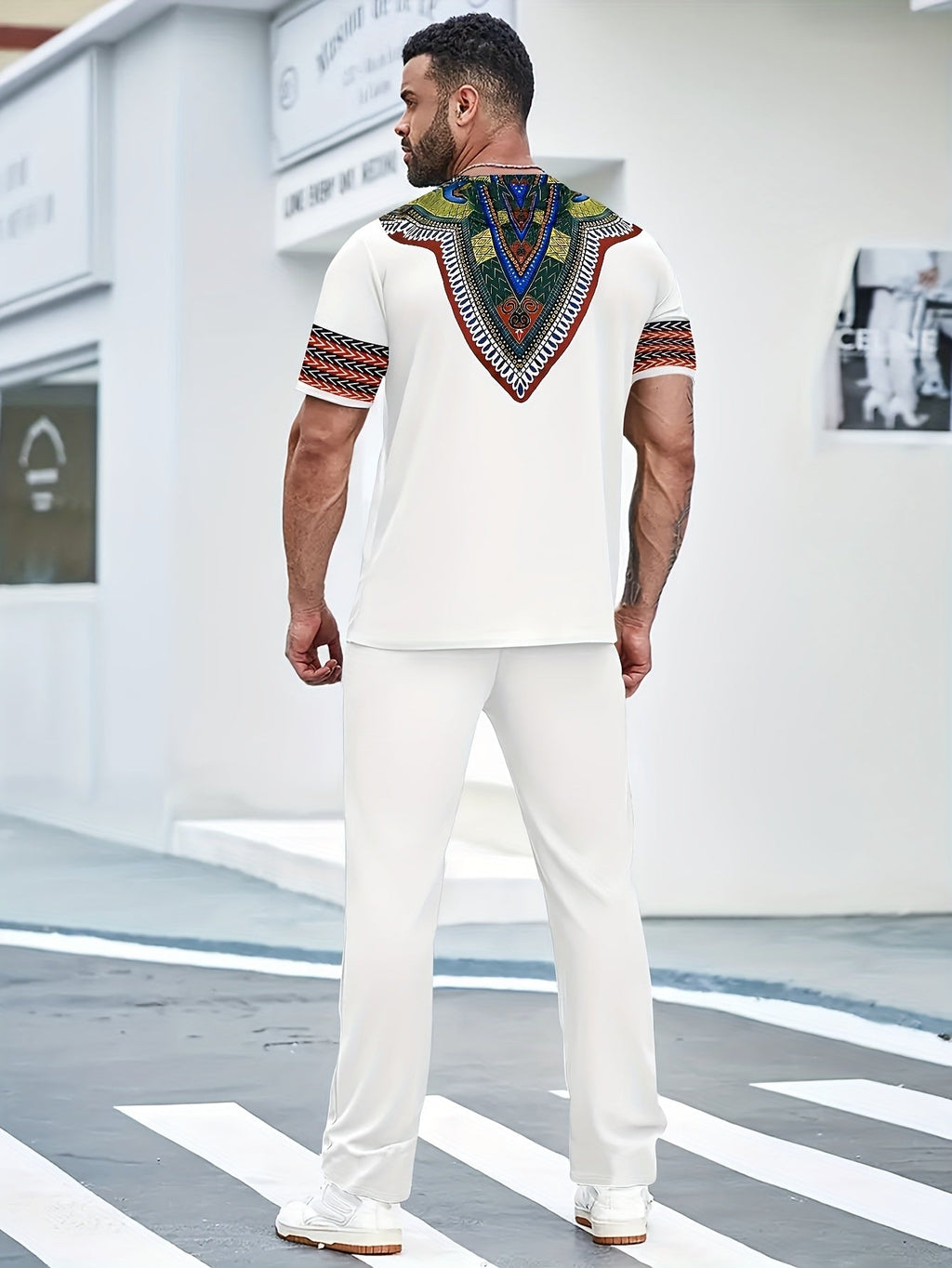 SHOWLU men's ethnic print 2-piece set with white T-shirt and long pants, traditional style, casual wear, comfortable fit