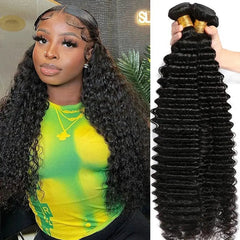 A woman with long, deep wave human hair extensions next to a bundle of the same hair texture.