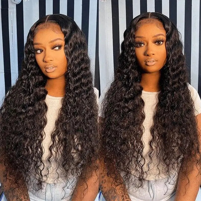 Deep wave bundles of 100% raw virgin human hair extensions by Showlu Store Nation, showing long, natural textured hair.