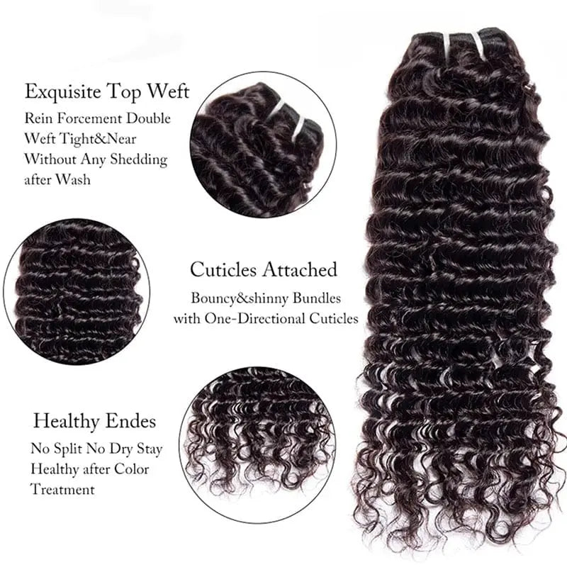 Showlu Store Nation deep wave bundles of 100% raw virgin human hair extensions for black women, 10 to 30 inches.