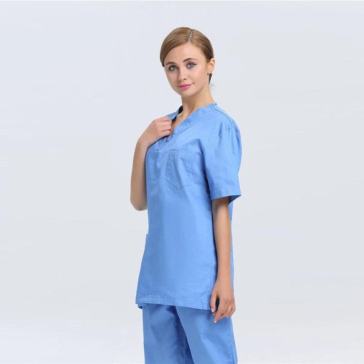 Showlu 100% cotton nursing uniform set with unisex V-neck medical scrubs, designed for hospital nurses and doctors.