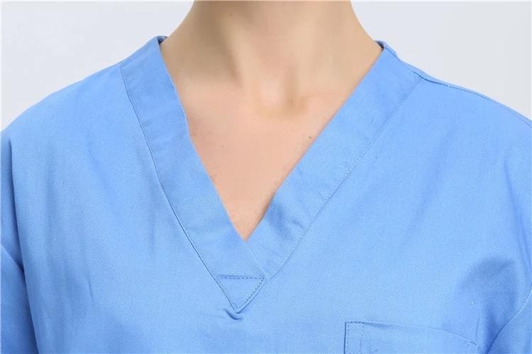 Showlu 100% cotton unisex nursing uniform with V-neck medical scrubs set, designed for hospital nurses and doctors.