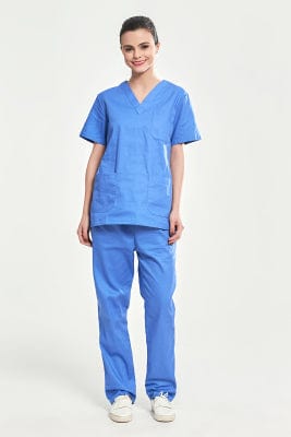 Showlu 100% cotton nursing uniform set with unisex V-neck medical scrubs, ideal for hospital nurses and doctors.