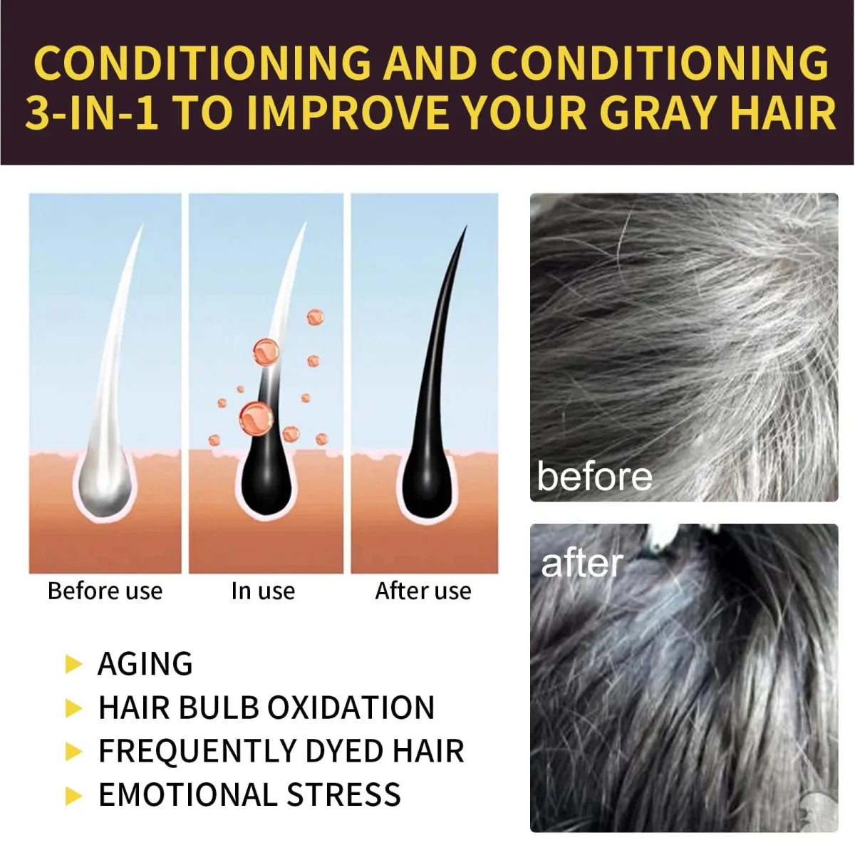 Eelhoe 3-in-1 herbal hair dye shampoo for natural grey coverage, dark brown to black, 100ml, suitable for women and men