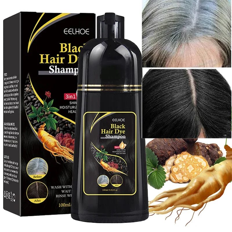 Eelhoe 3-in-1 herbal hair dye shampoo for natural grey coverage, showing dark brown and black hair in a 100ml bottle.