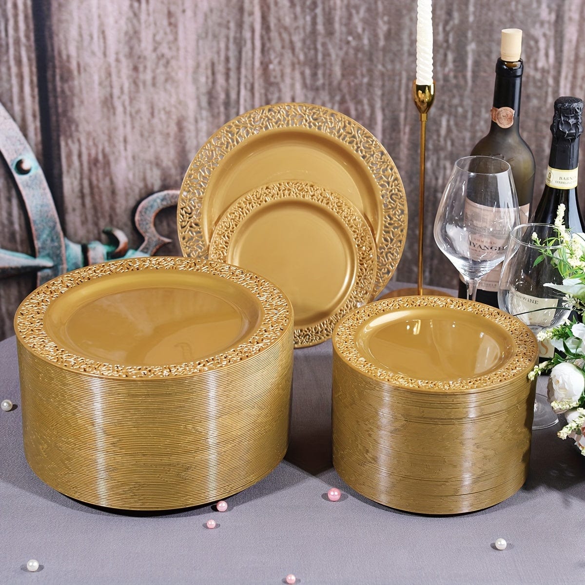 Set of 102 brown and gold plastic dessert plates with lace design, ideal for weddings, parties, and special occasions.