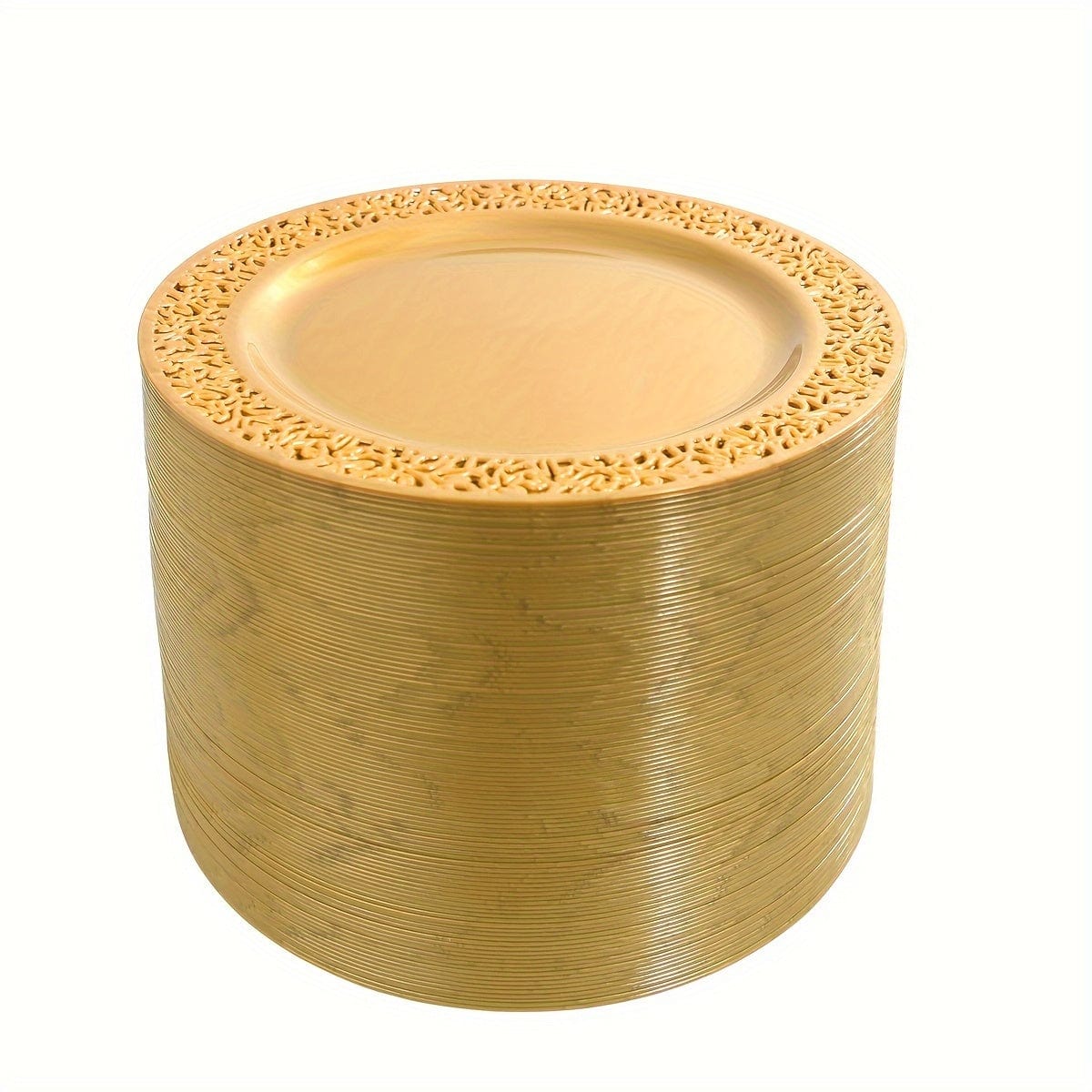 Set of 102 brown and gold plastic dessert plates with lace design, ideal for weddings, parties, and special occasions.