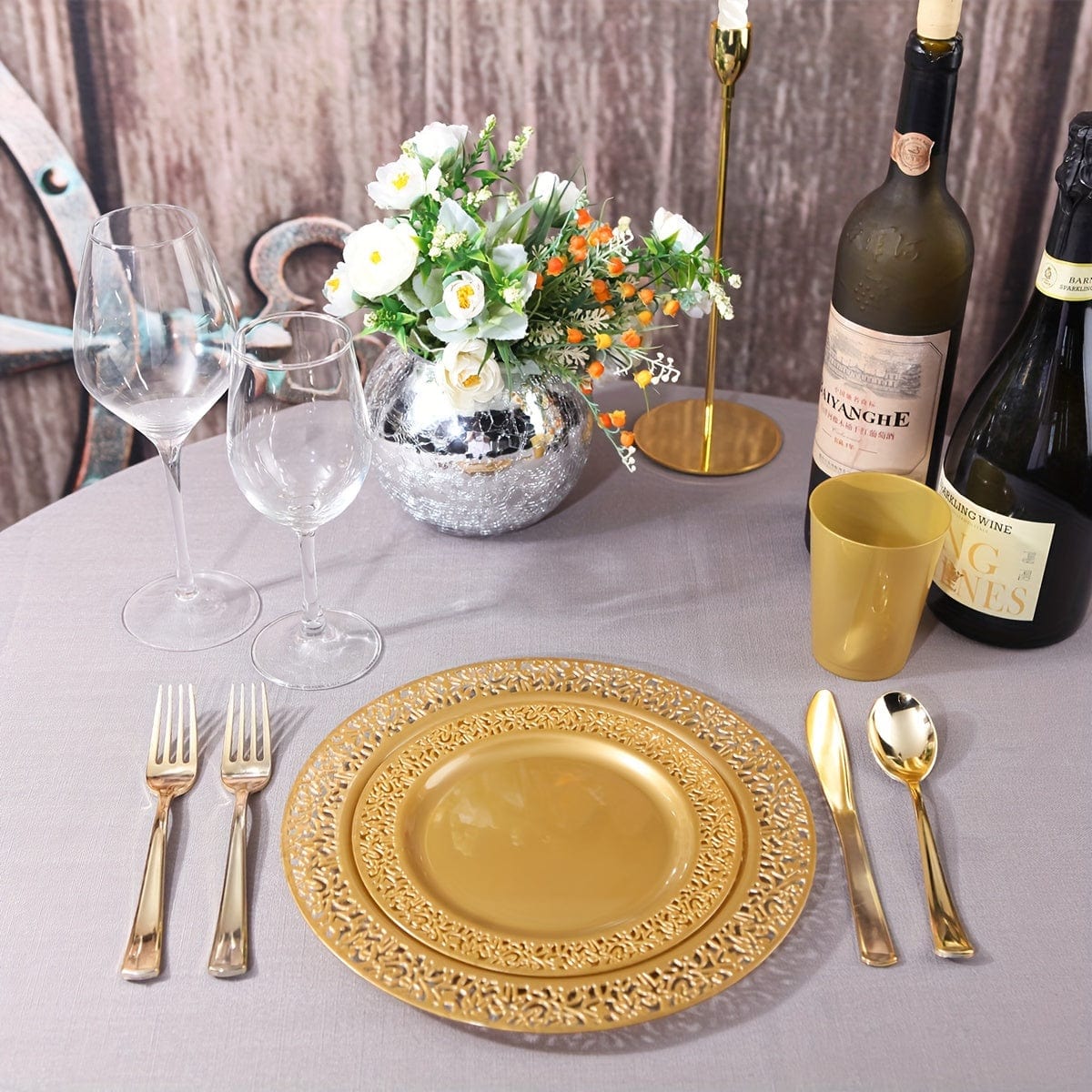 102-piece set of brown and gold plastic dessert plates with lace design, ideal for weddings, parties, and special occasions.