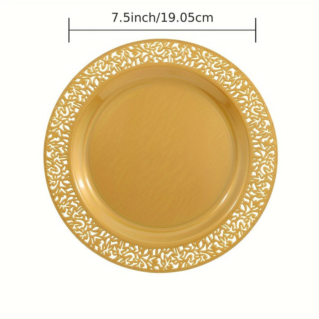 Set of 102 brown and gold plastic dessert plates with lace design from Showlu, ideal for weddings and special occasions