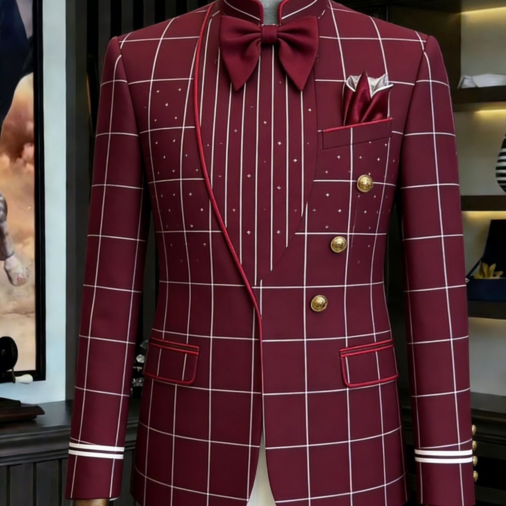 Showlu men's slim fit double-breasted suit in solid color, formal evening wear, tailored for a sharp, polished look.