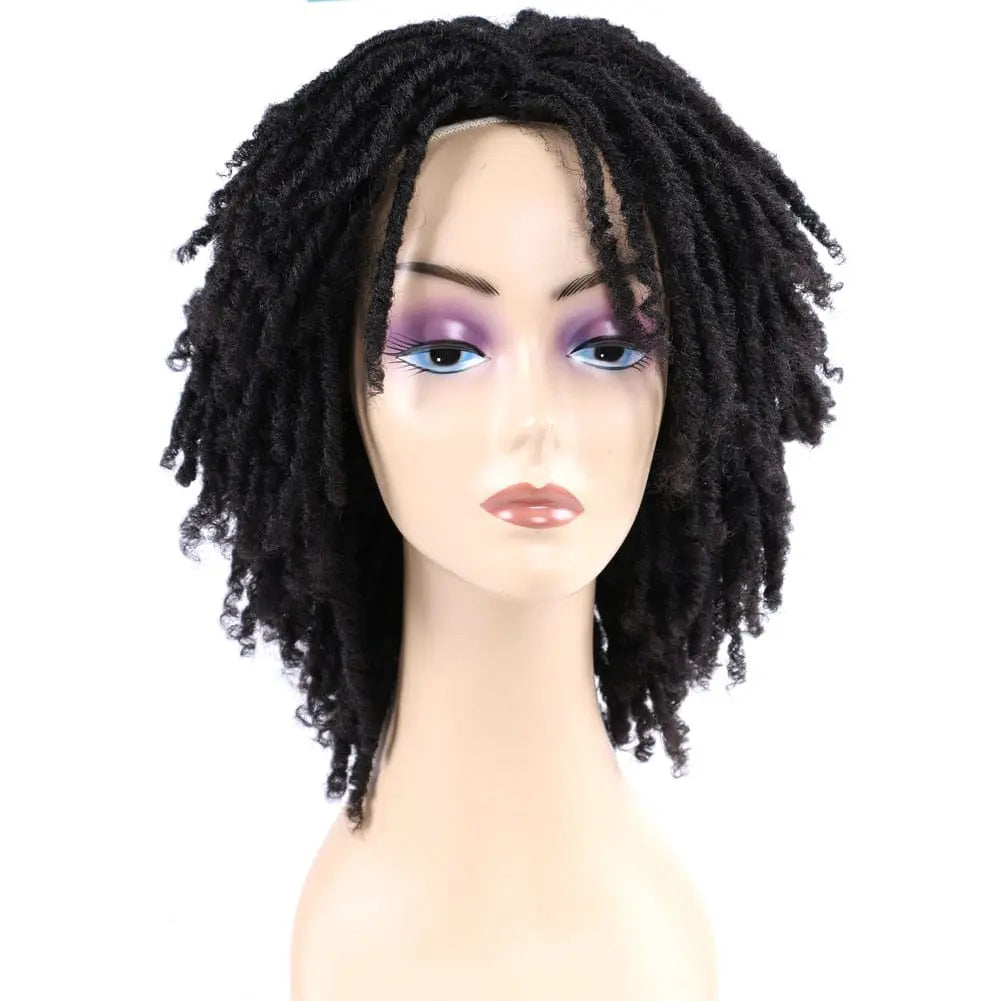 Showlu Store 10-inch braided Afro bob wig with short curly synthetic dreadlocks for black women, suitable for cosplay or everyday wear.