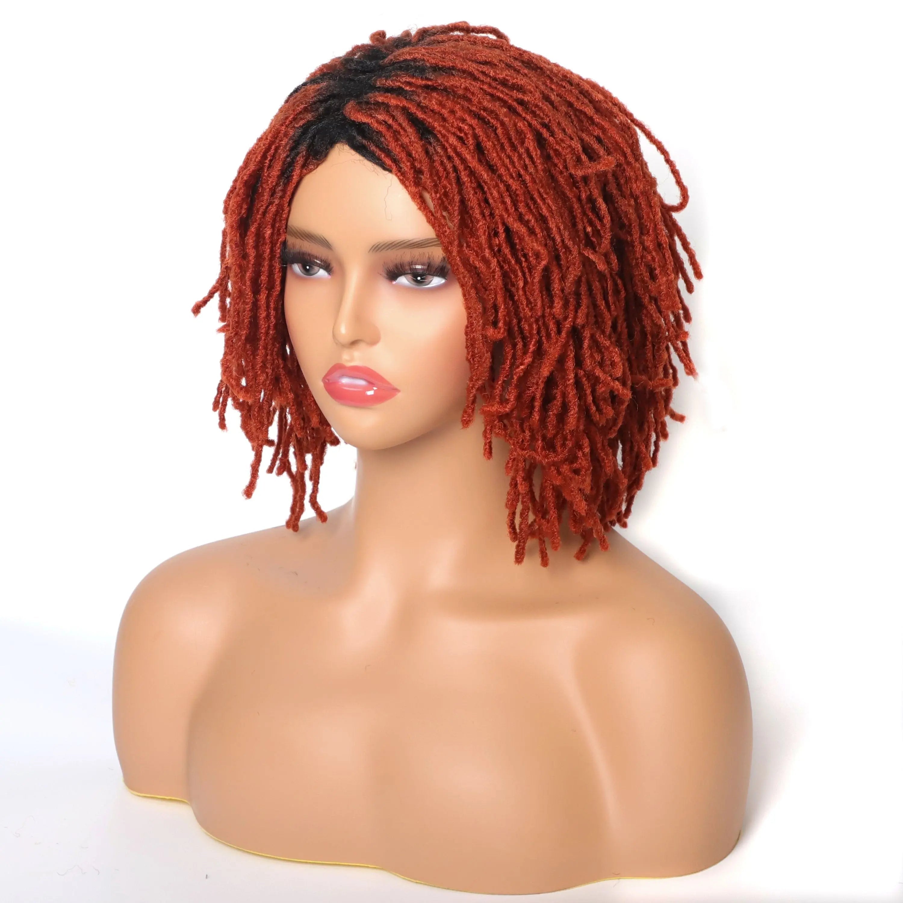 Showlu Store 10-inch braided Afro bob wig with short curly synthetic dreadlocks, styled for black women’s cosplay or everyday wear.