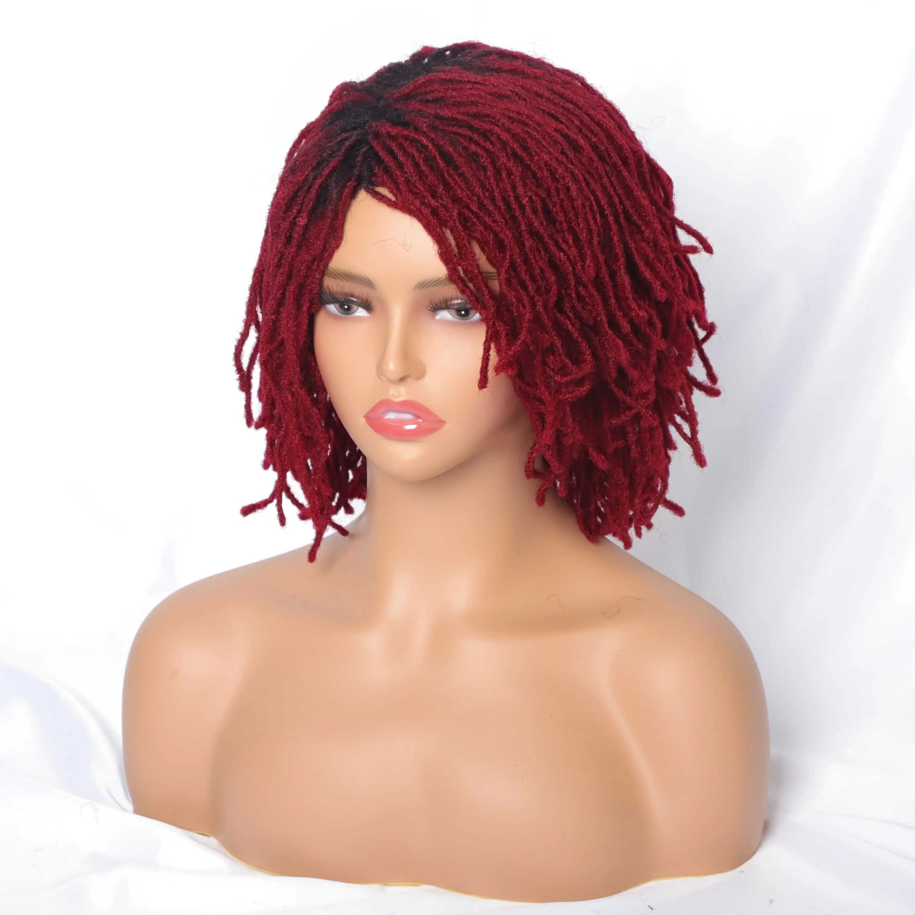 Showlu Store 10-inch braided Afro bob wig with short curly synthetic dreadlocks, designed for black women and cosplay.