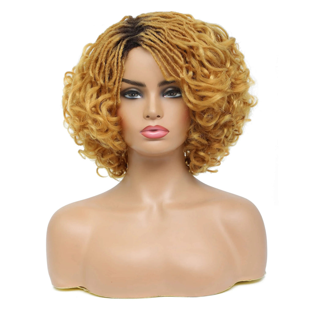 Showlu Store 10-inch braided afro bob wig with short curly synthetic dreadlocks, suitable for black women and cosplay styles.
