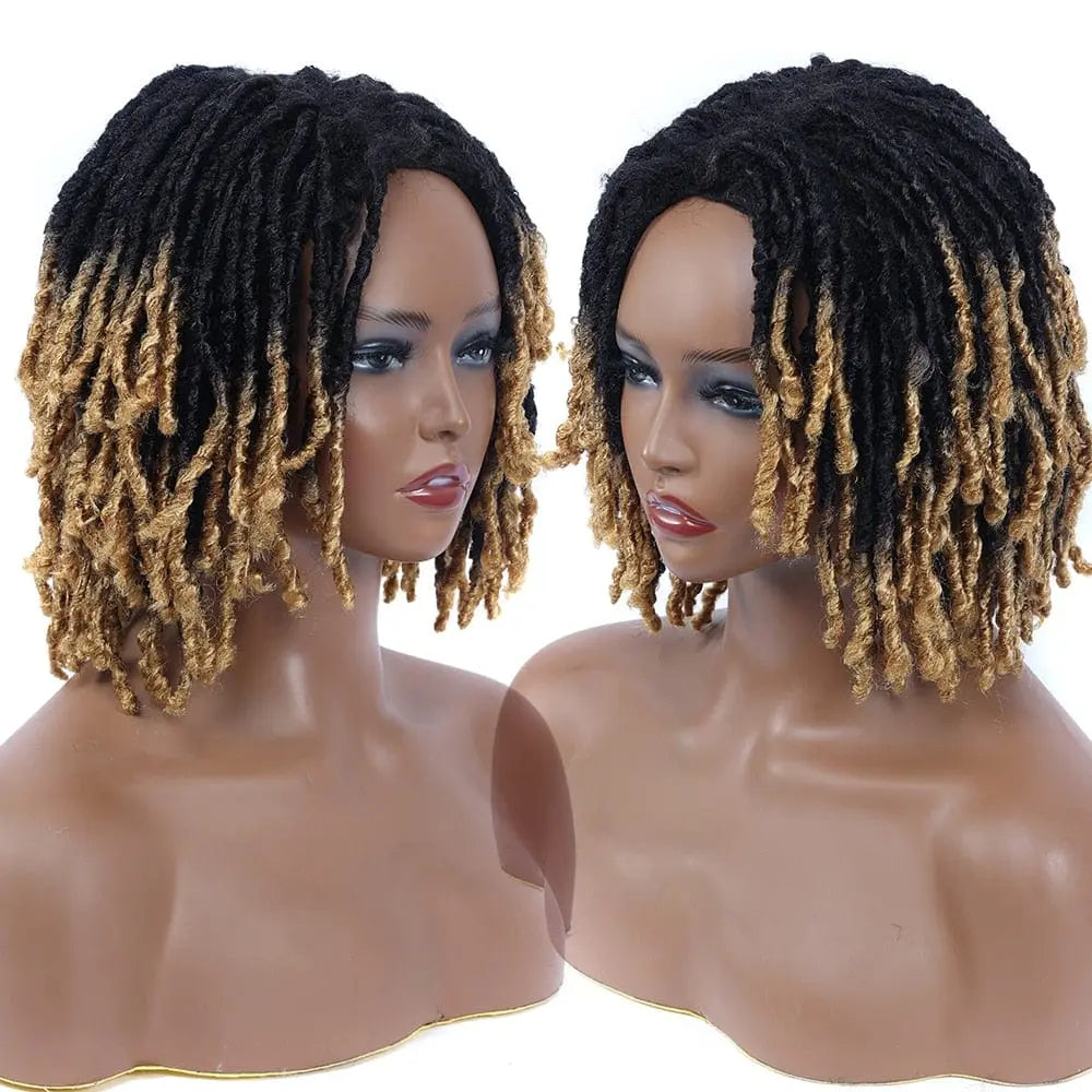 Showlu Store 10-inch braided Afro bob wig with short curly synthetic dreadlocks for black women, cosplay-ready hairstyle.