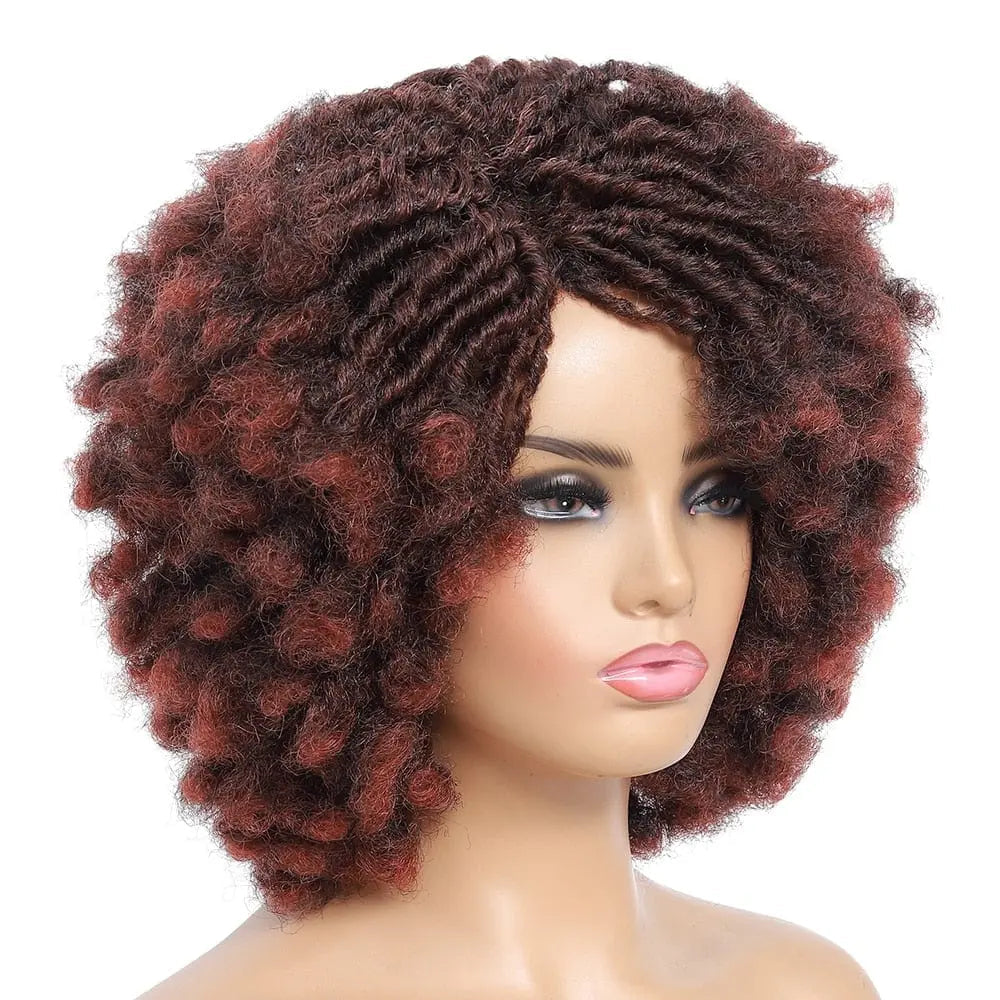 Showlu Store 10-inch braided Afro bob wig with short curly synthetic dreadlocks for black women, cosplay-ready hairstyle.