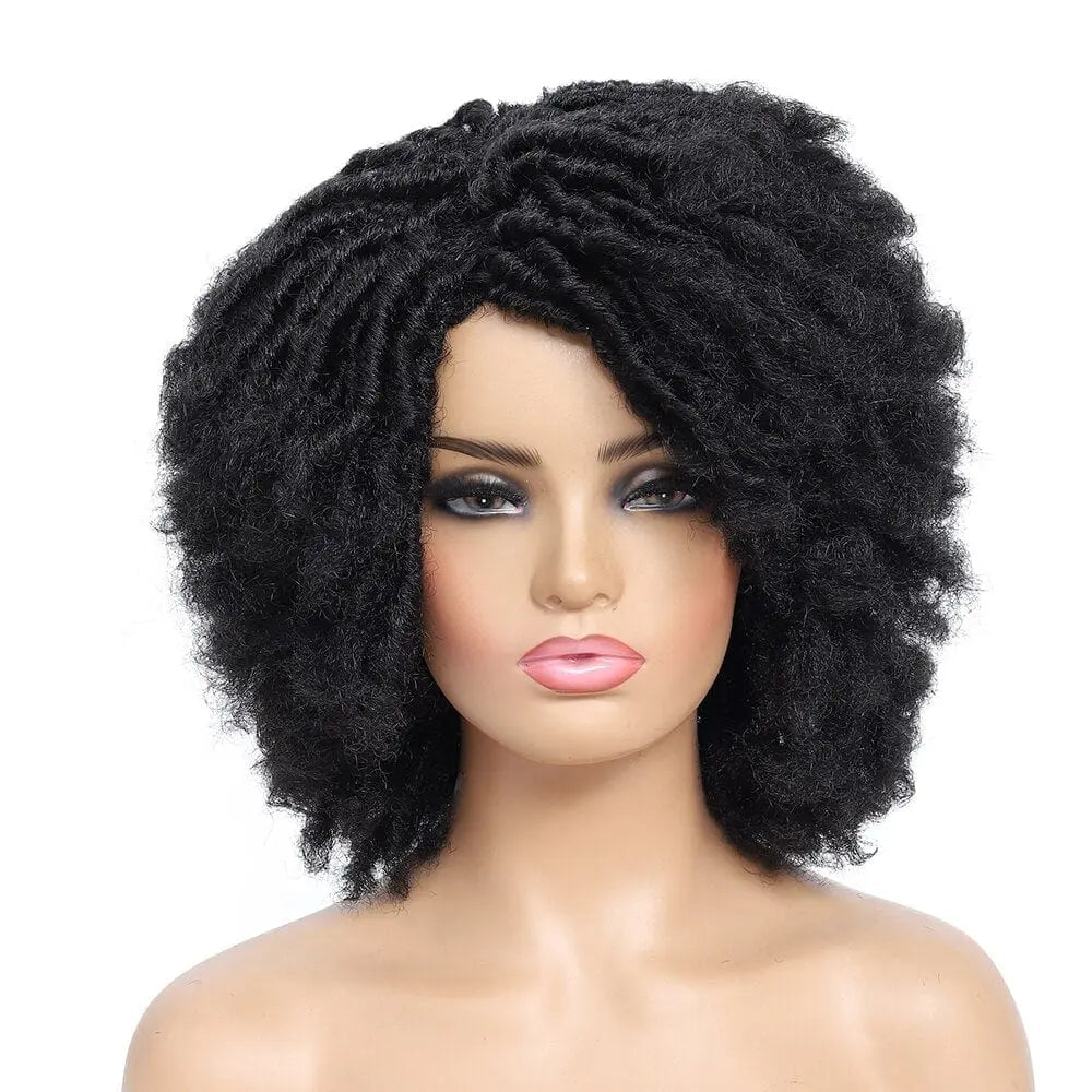 Showlu Store 10-inch braided Afro bob wig with short curly synthetic dreadlocks for black women, cosplay-ready hairstyle.