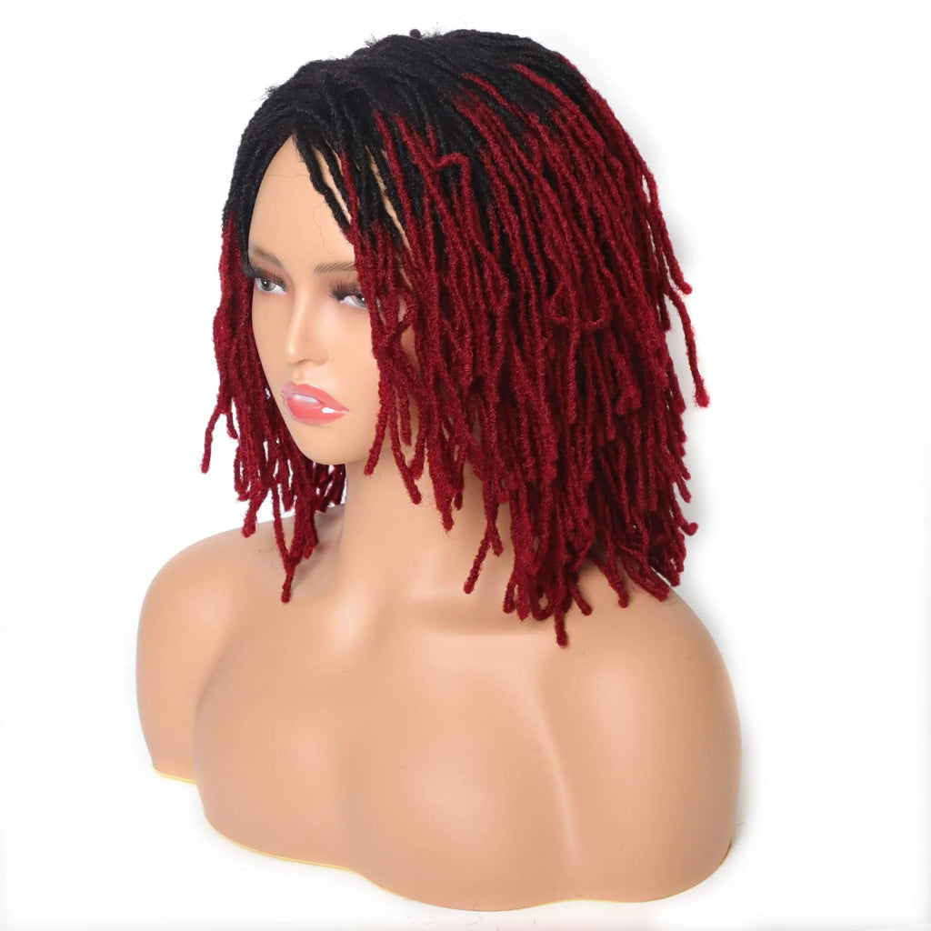 Showlu Store 10-inch braided Afro bob wig with short curly synthetic dreadlocks, styled for black women with natural texture.