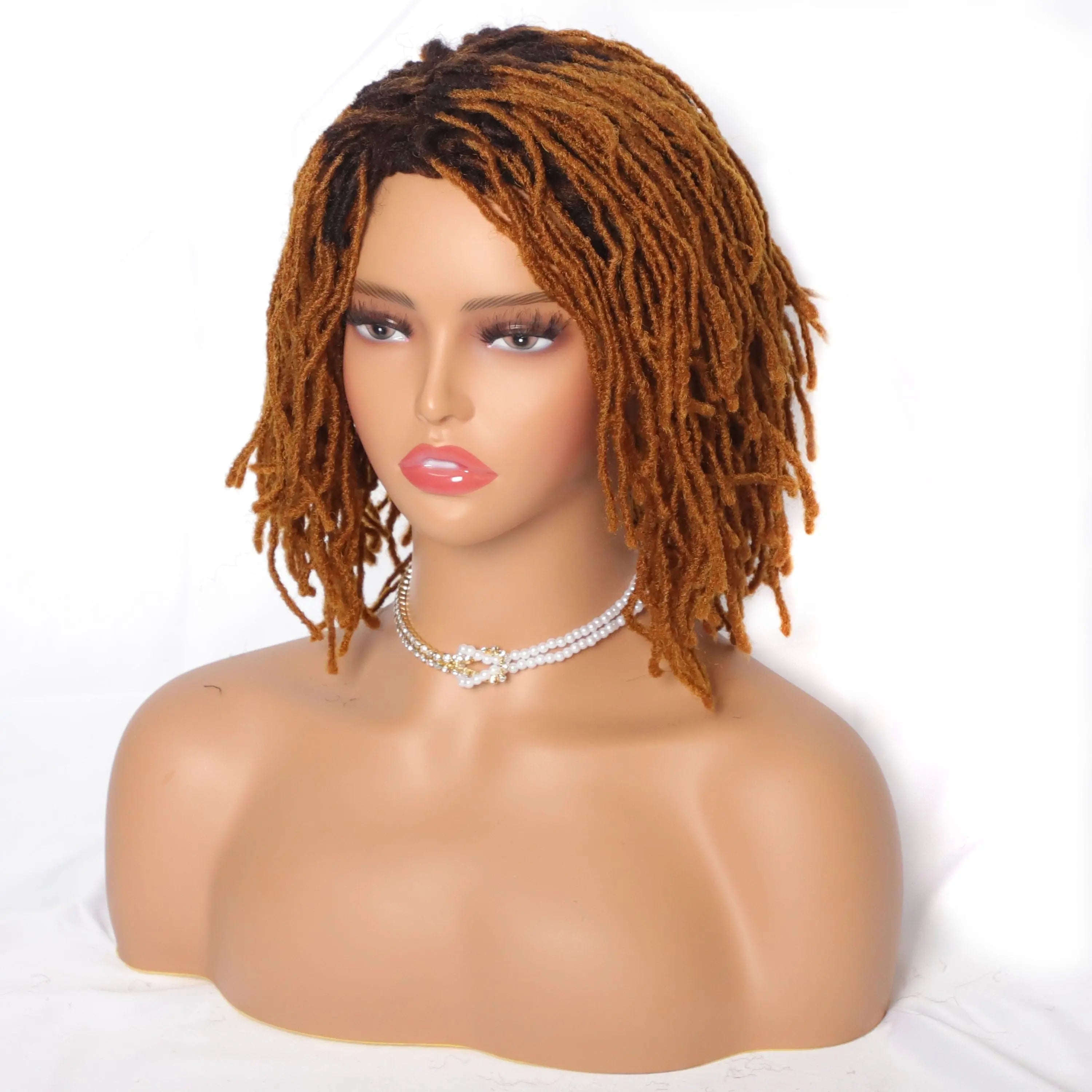 Showlu Store 10-inch braided Afro bob wig with short curly synthetic dreadlocks, designed for Black women and cosplay.