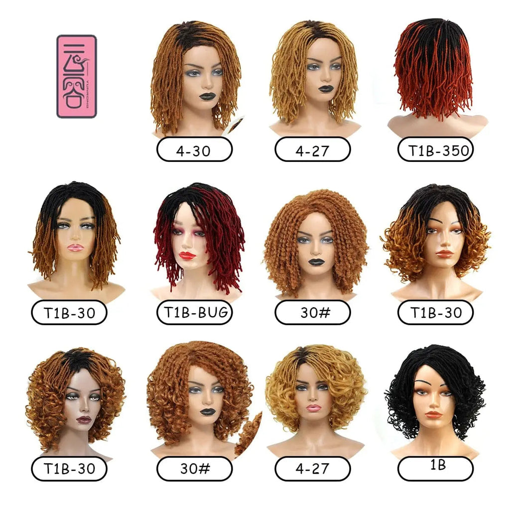 Showlu Store 10-inch braided Afro bob wig with short curly synthetic dreadlocks, styled for black women, perfect for cosplay.