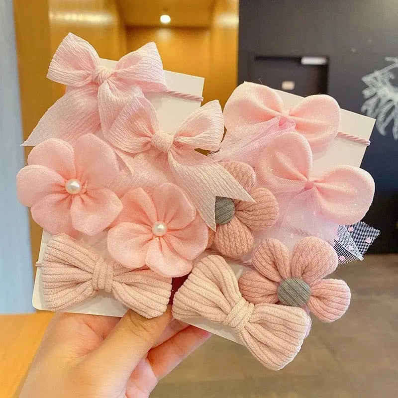 Set of 10 big bow flower elastic hairbands for girls and kids, colorful and stylish hair accessories with rubber bands.
