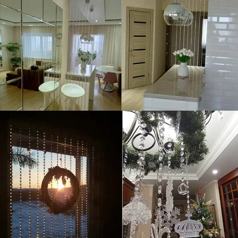 Showlu 10m transparent acrylic crystal garland for wedding and Christmas decorations, featuring window curtain pendants and romantic sparkle.