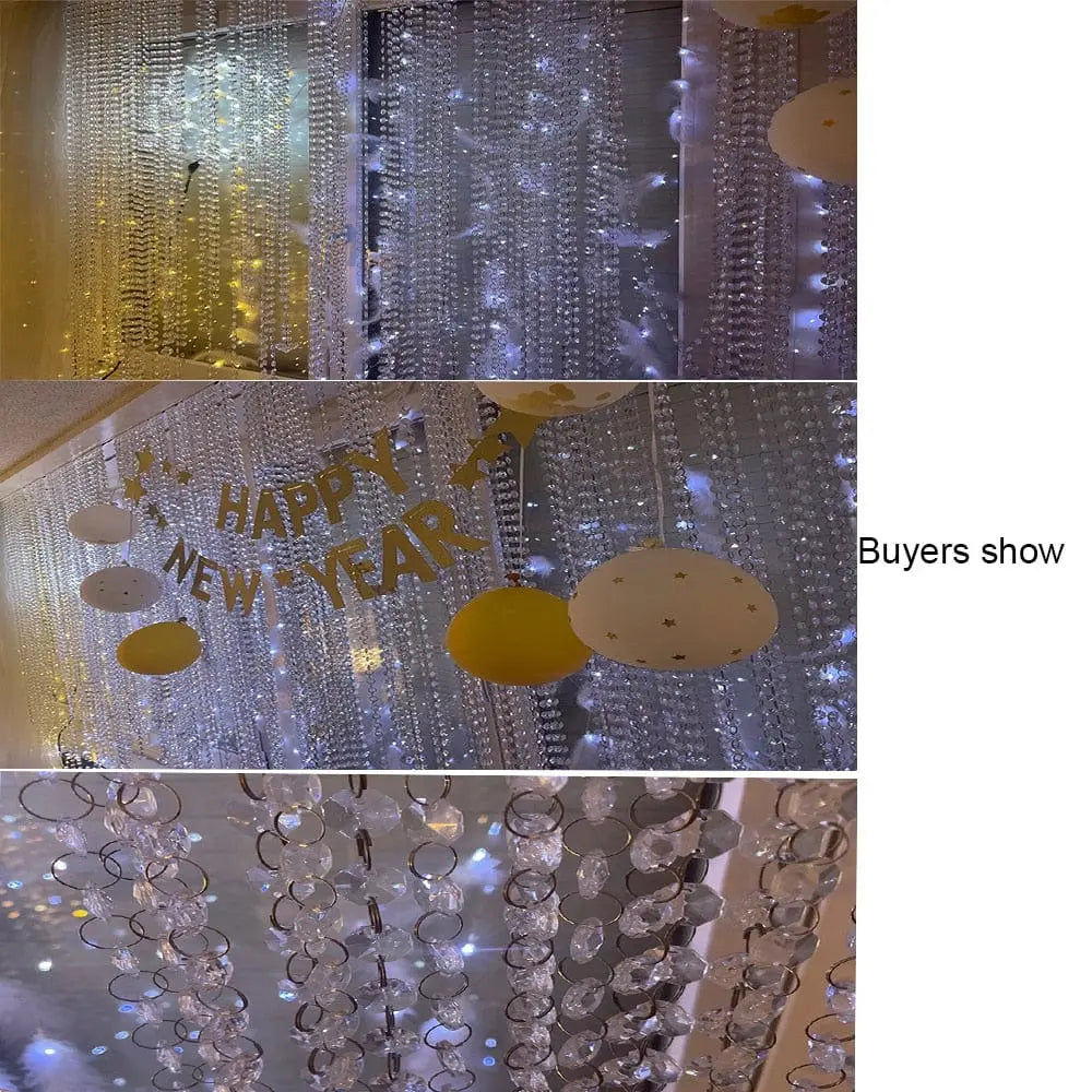 Showlu 10m transparent acrylic crystal garland for wedding and Christmas decorations, featuring elegant hanging pendants and festive sparkle.
