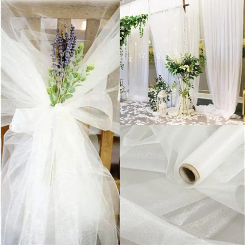 YONGSNOW 10m sheer crystal organza tulle roll for wedding arch decor, showing lightweight transparent fabric for elegant wedding decorations