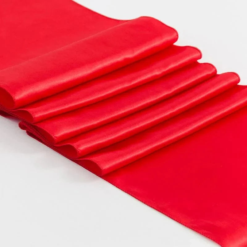 Set of 10 satin table runners from Showlu for wedding, party, and event decor, measuring 12x108 inches.