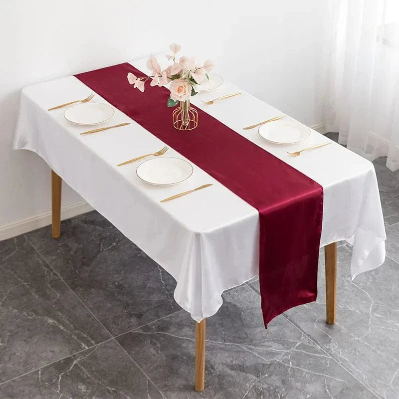 Set of 10 satin table runners from Showlu, 12x108 inches, ideal for wedding, banquet, and party table decor.