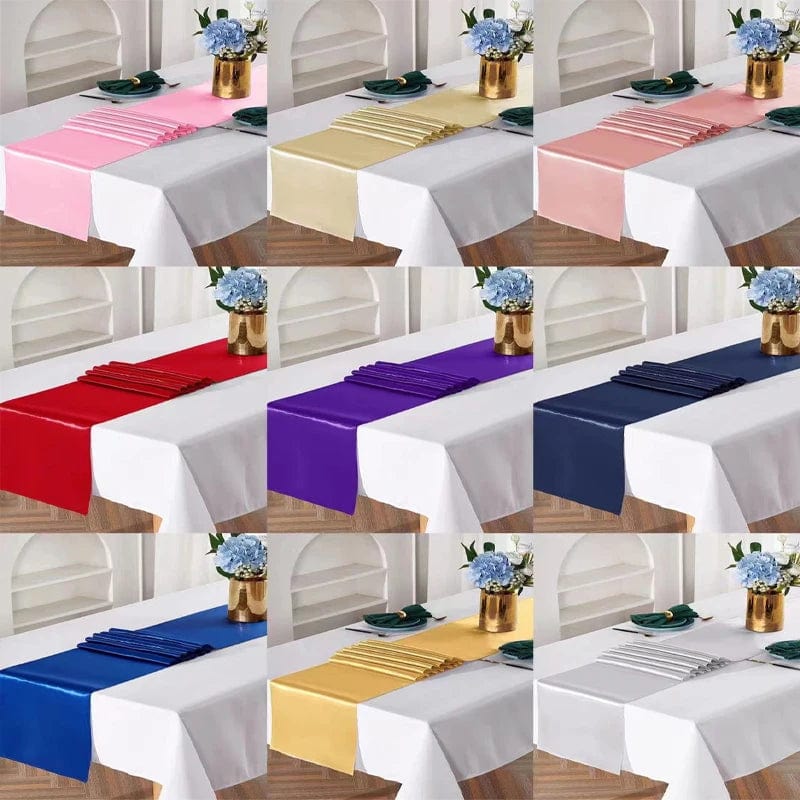 Set of 10 satin table runners from Showlu, 12x108 inches, ideal for wedding, party, and event table decor.