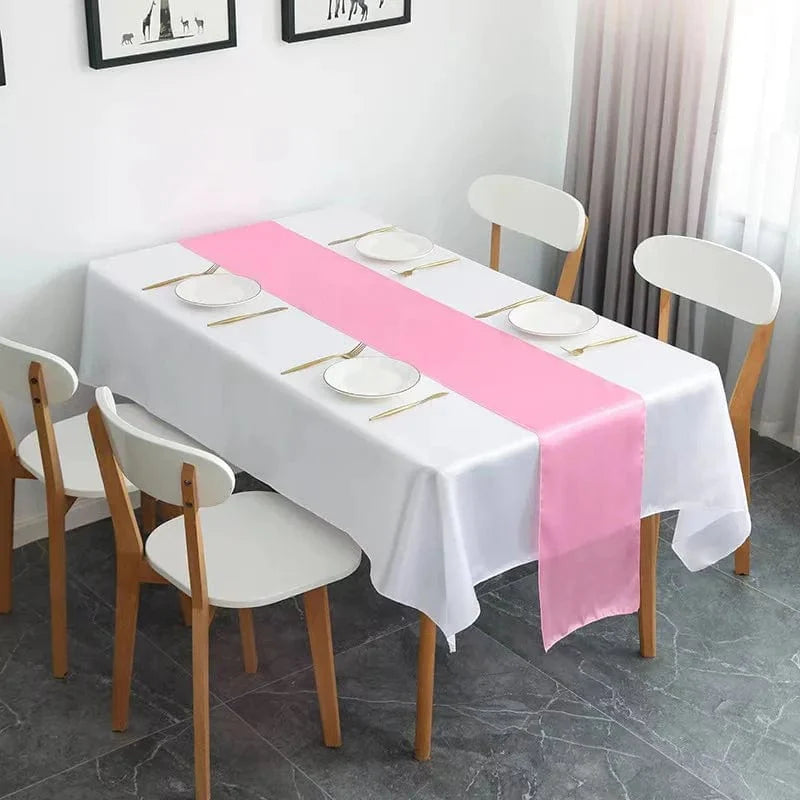 Showlu 10-piece satin table runner set for weddings and events, 12x108 inch elegant table decor for party and banquet settings.