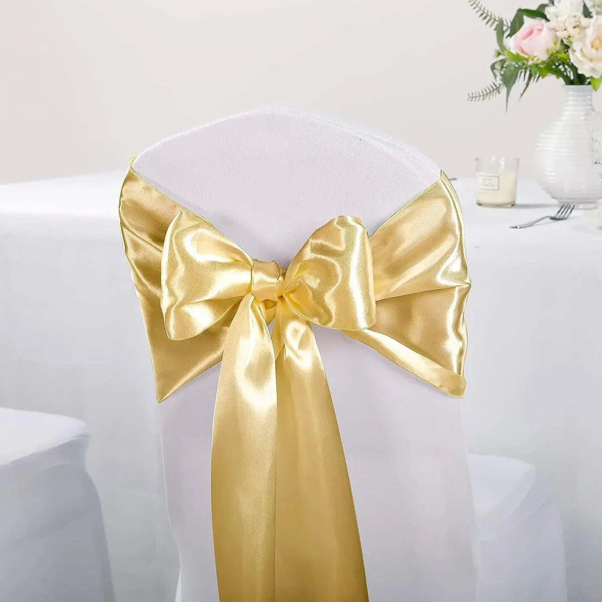 Set of 10 gold satin chair sashes with bows, 17x275cm, for wedding, banquet, or party decor, by Showlu Fashion Store.