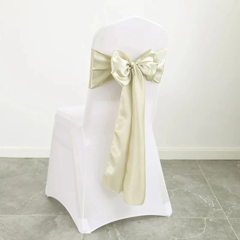Set of 10 gold satin chair sashes with bows, 17x275cm, for wedding, banquet, or event decoration and table styling.