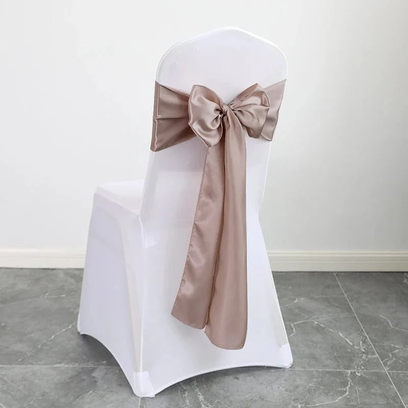 Ten gold satin chair sashes with bows for wedding, banquet, or party event decor, measuring 17x275cm each.