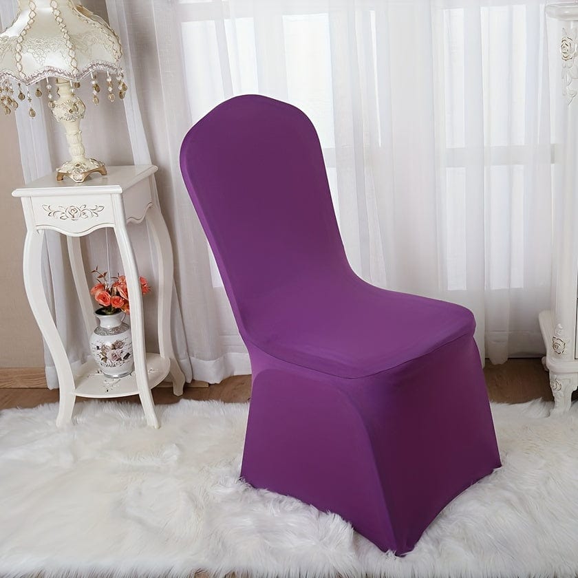 Set of 10 Showlu stretch spandex chair covers fitting folding dining chairs, ideal for weddings, parties, and events.