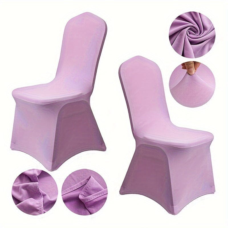 Set of 10 Showlu stretch spandex chair covers showing fitted, durable slipcovers for dining chairs at events and celebrations.