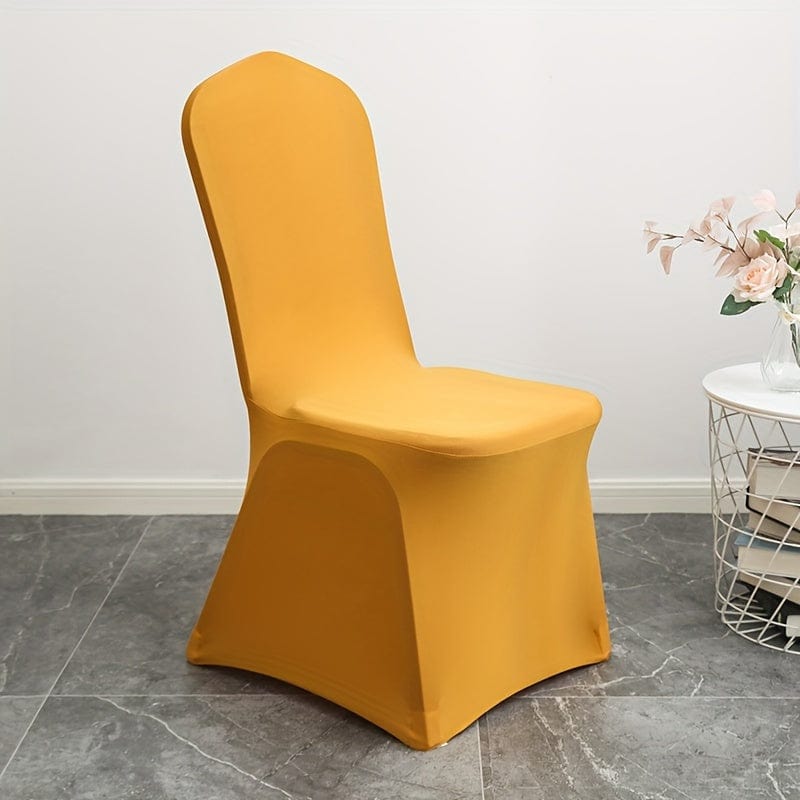 Set of 10 Showlu stretch spandex chair covers fitting folding dining chairs for weddings, parties, and events.
