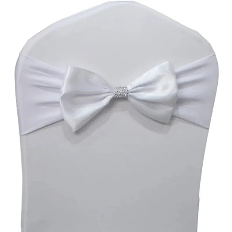 Set of satin spandex chair sashes with elastic stretch bows for weddings and parties, perfect for banquet and hotel decor.