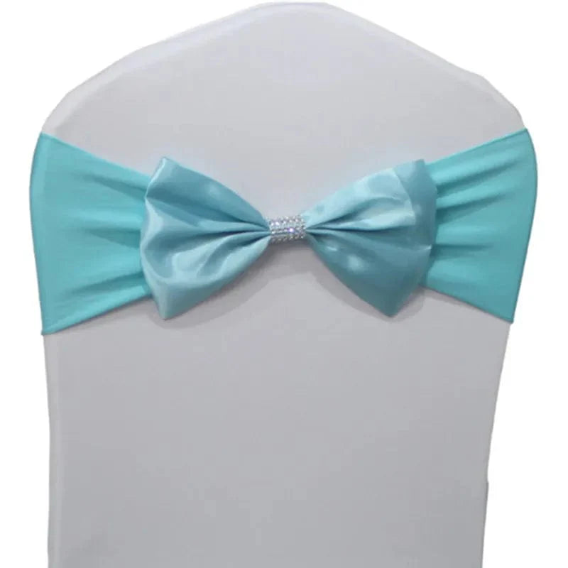 Set of satin spandex chair sashes with elastic stretch bows for weddings, banquet, and party decor by Showlu Fashion Store.