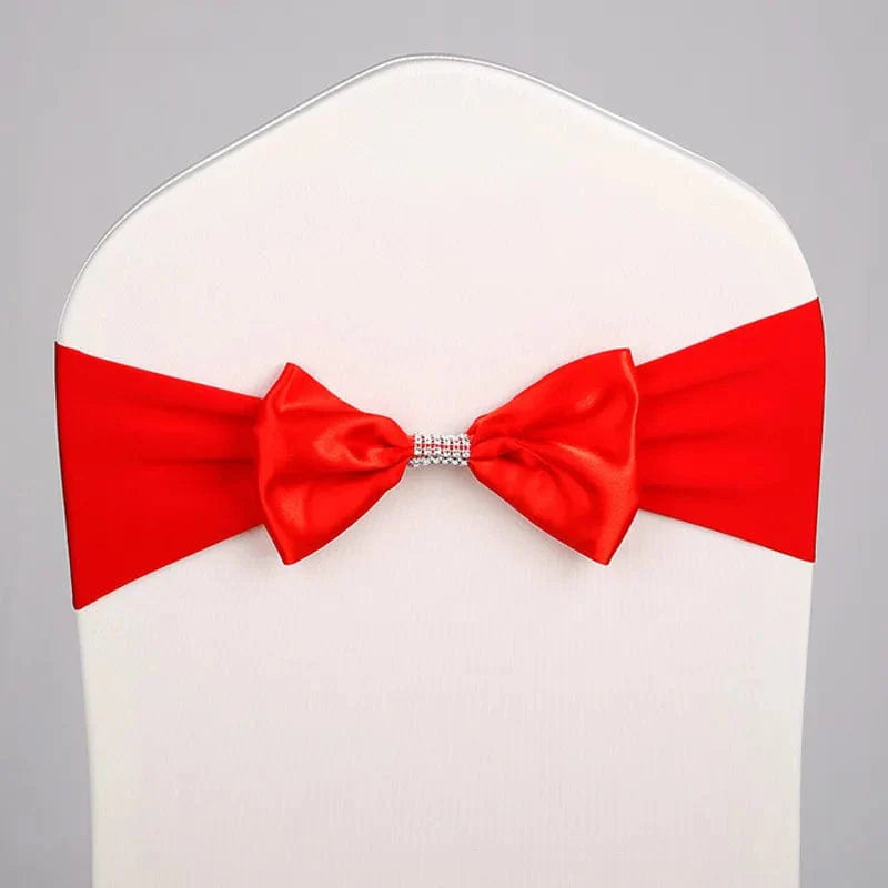 Set of satin spandex chair sashes with elastic stretch bows for weddings and events, shown in elegant white fabric.