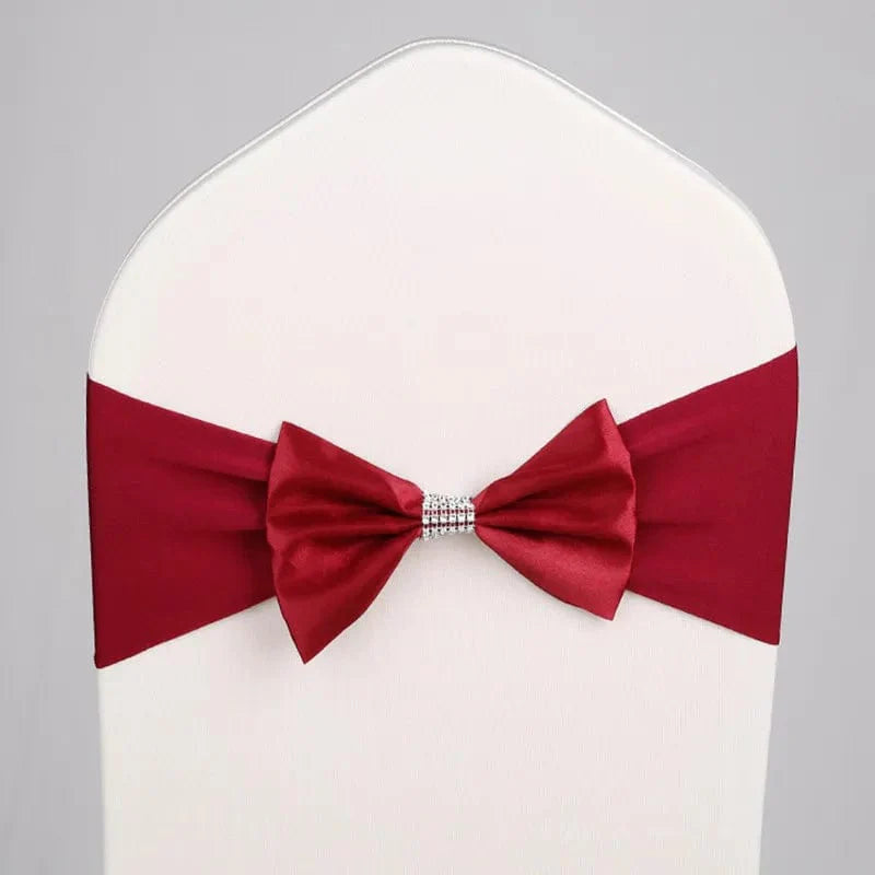 Set of satin spandex chair sashes with elastic stretch bows for wedding and event decor, featuring elegant satin fabric and vibrant colors.