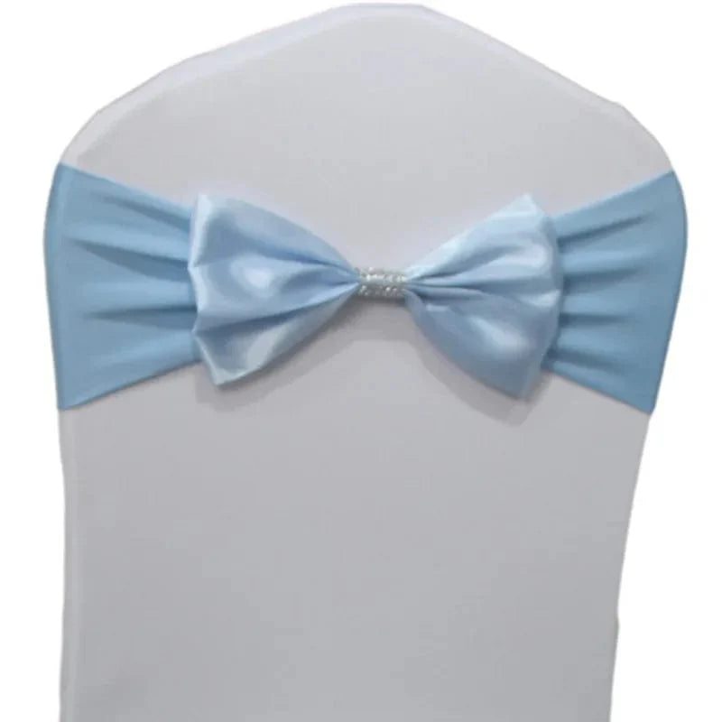 Set of satin spandex chair sashes with elastic stretch bows for weddings and events, perfect for banquet and party decorations.