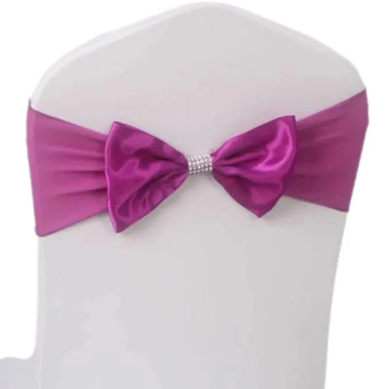 Set of satin spandex chair sashes with elastic stretch bows, ideal for wedding and party banquet decorations.