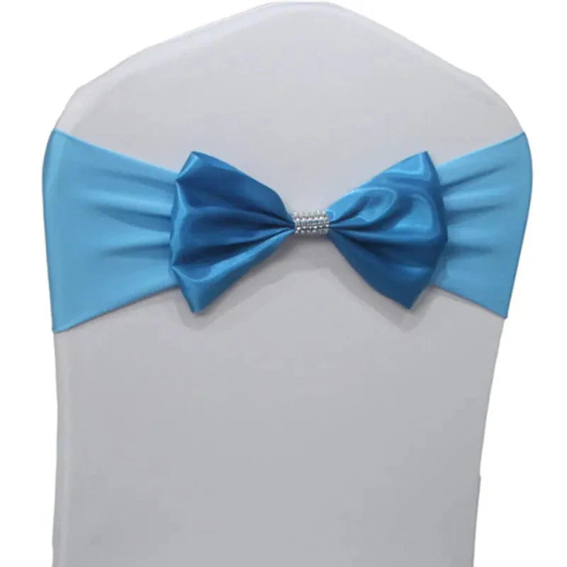 Set of satin spandex chair sashes with elastic stretch bows for weddings and events, shown in elegant black color.