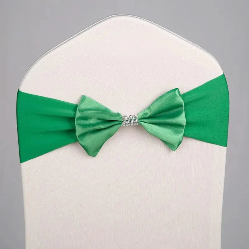Set of satin spandex chair sashes with elastic stretch bows from Showlu Fashion Store, ideal for wedding and event decorations.