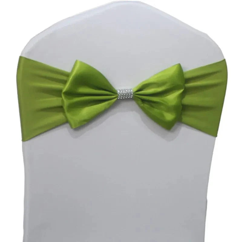Set of satin spandex chair sashes with elastic stretch bows for weddings and events, perfect for banquet and party decorations.