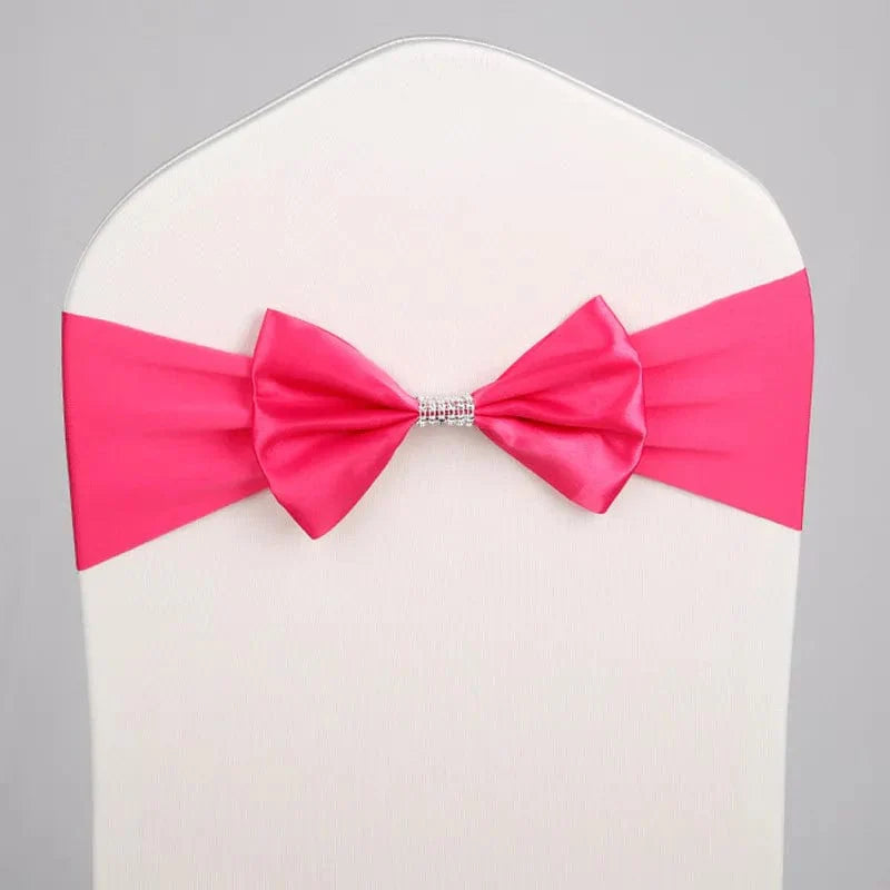 Set of satin spandex chair sashes with elastic stretch bows for wedding and event decoration, shown in elegant white color.