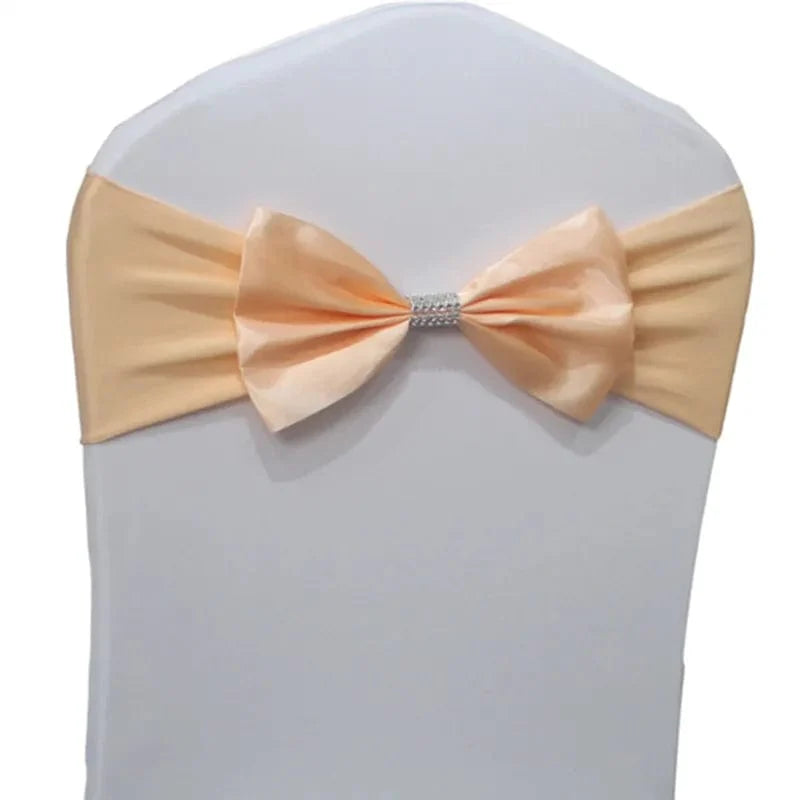 Set of satin spandex chair sashes with elastic stretch bows for wedding and event decor, shown in elegant white color.