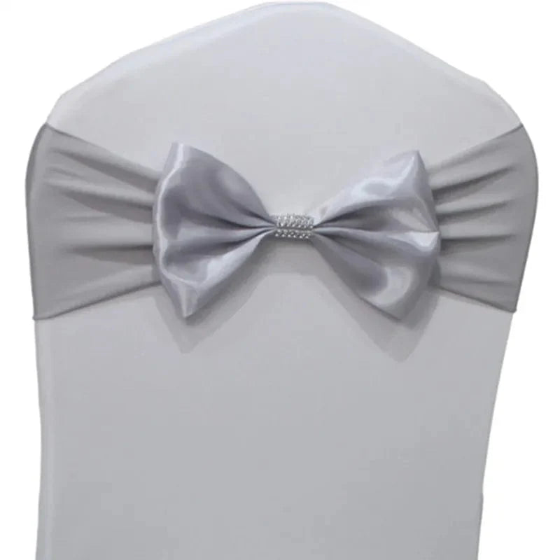 Set of satin spandex chair sashes with elastic stretch bows for wedding and event decor, shown in various colors on banquet chairs.